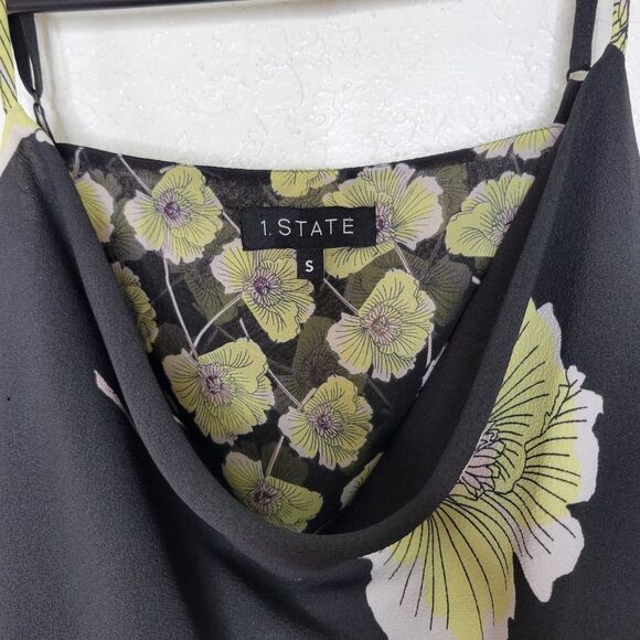 1.STATE Black Yellow Floral Draped-Back Slip Strappy Cowl Mini Dress Size Small - Picture 3 of 5